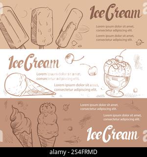 Skizzieren Sie Vintage-Banner für Eiscreme und eine Postervorlage. Vektorabbildung. Vorlage für Eiskrem-Banner skizzieren Stock Vektor