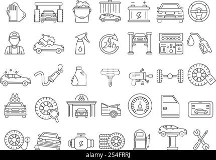 Vektoreinfarbige Bilder von Automobilteilen. Reparaturservice für Fahrzeuge. Fahrzeug reparieren, Diagnose und Autowäsche, Abbildung. Vektoreinfarbige Bilder von Automobilteilen. Reparaturservice für Fahrzeuge Stock Vektor