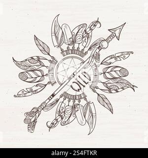Tribal Poster mit Traumfänger Pfeilen und indischen Federn. Vektorillustration mit Platz für Ihren Text. Federdesign Tribal, ethnische Traumfänger indianer. Tribal Poster mit Traumfänger Pfeilen und indischen Federn. Vektorillustration mit Platz für Ihren Text Stock Vektor