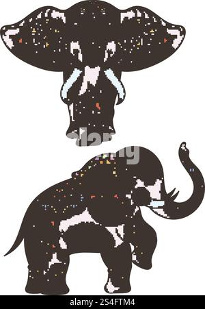 Silhouette von farbigen afrikanischen Elefanten und Mandalas-Dekoration darauf. Vektor abstrakte Illustration afrikanischer Elefantenmuster Dekoration. Silhouette von farbigen afrikanischen Elefanten und Mandalas-Dekoration darauf. Abstrakte Vektorillustration Stock Vektor