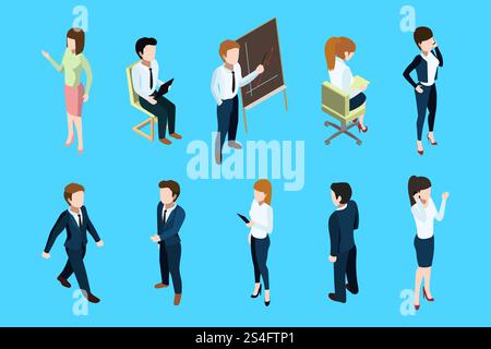 Isometrische Geschäftsleute in unterschiedlichen Handlungsstellungen. Großer Chef und Büroteam. Vektorillustrationssatz. Isometrische Teammitglieder, Mitarbeiter und junge Manager. Isometrische Geschäftsleute in unterschiedlichen Handlungsstellungen. Großer Chef und Büroteam. Vektorillustrationssatz Stock Vektor