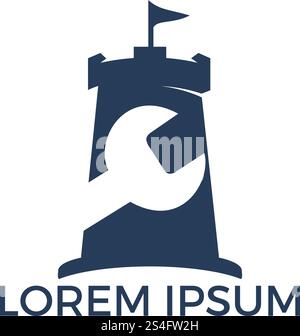 Logodesign mit Schloss und Schraubenschlüssel. Symbol oder Symbol für Turm und Reparatur. Einzigartige Forts- und Fix-Logo-Designvorlage. Stock Vektor