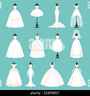 Verschiedene Stile von Brautkleidern. Vektorillustration im Cartoon-Stil. Mode-Design Kleid Braut mit Schleier. Verschiedene Stile von Brautkleidern. Vektorillustration im Cartoon-Stil Stock Vektor