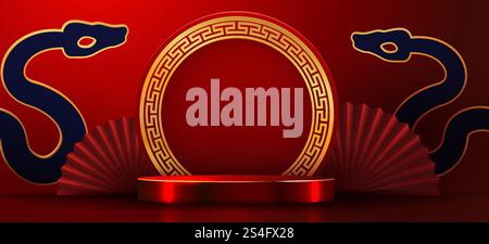 Grußkarte zum chinesischen Neujahr 2025, Banner mit goldenem und Podium. Traditionelles chinesisches Tor und Hintergrund der Handfans. Frohes Chinesisches Neujahr. Vektorabbildung Stock Vektor