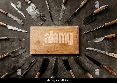 Ein hölzernes Schneidebrett mit schwarzem Stein und Gemüse Stockfoto
