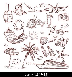 Sommermotiv im handgezeichneten Stil. Vektorkritzeleien-Symbolsatz. Sammlung handgezeichneter Symbole im Sommer. Sommermotiv im handgezeichneten Stil. Vektorkritzeleien-Symbolsatz Stock Vektor