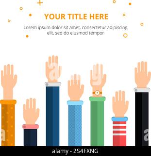 Konzeptionelles Poster mit verschiedenen Händen in Aktionsposen. Vektorabbildung in abgewickelter Form. Zusammen Hände hoch. Konzeptionelles Poster mit verschiedenen Händen in Aktionsposen. Vektorabbildung in abgewickelter Form Stock Vektor