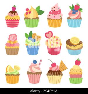 Hochzeits-Vanille-Cupcakes isoliert auf weißem Hintergrund. Vektorabbildungen in abgewickelter Form. Farbe süßes Cupcake Dessert mit Sahne und Obst. Hochzeits-Vanille-Cupcakes isoliert auf weißem Hintergrund. Vektorabbildungen in abgewickelter Form Stock Vektor