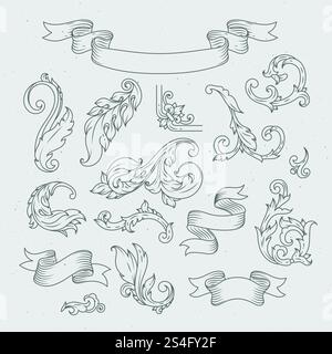 Dekorative Elemente im Barockstil. Viktorianisches Ornament, Akanthusblätter. Blätter mit Blumenschmuck in der Royal Scroll. Vektorabbildung. Dekorative Elemente im Barockstil. Viktorianisches Ornament, Akanthusblätter Stock Vektor