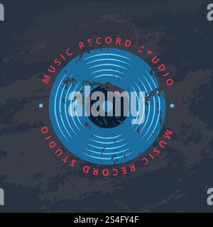 Schäbiges Retro-Tonstudio, Vinylmusik-Shop, Club-Logo, Abzeichen mit Vinyl-Aufnahme auf Grunge-Textur. Vektorbanner-Illustration. Retro-Tonstudio, Vinylmusik-Shop, Club-Vektor-Logo, Abzeichen mit Schallplatte Stock Vektor