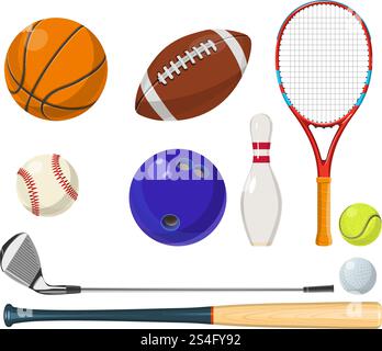 Vektor-Sportausrüstung im Cartoon-Stil. Bälle, Schläger, Golfschläger und andere Vektorillustrationen. Sportausrüstung für Golf und Tennis. Vektor-Sportausrüstung im Cartoon-Stil. Bälle, Schläger, Golfschläger und andere Vektorillustrationen Stock Vektor
