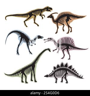 Skelett der Dinosaurier. Vektorsilhouette von tyrannosaurus, Diplodocus und anderen Wildtieren. Prähistorische tierische Dinosaurier-Illustration. Skelett der Dinosaurier. Vektorsilhouette von tyrannosaurus, Diplodocus und anderen Wildtieren Stock Vektor