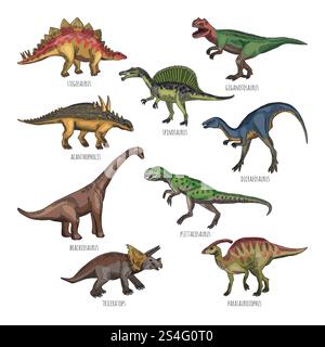 Farbige Abbildungen verschiedener Dinosauriertypen. Tyrannosaurus, rex und Stegosaurus. Historische Dinosaurierfigur Dicraeosaurus und Spinosaurus Illustration. Farbige Abbildungen verschiedener Dinosauriertypen. Tyrannosaurus, rex und Stegosaurus Stock Vektor