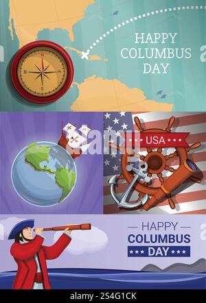 Columbus Day Banner Set. Cartoon-Illustration des columbus-Tages-Vektor-Bannersatzes für Web-Design Stock Vektor