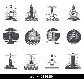 Leuchtturmvektor Marine Vintage Labels. Leuchttürme und Meereswellen-Retro-nautische Logos gesetzt. Leuchtturm und Leuchtturm in Meeresillustration. Leuchtturmvektor Marine Vintage Labels. Leuchttürme und Meereswellen-Retro-nautische Logos gesetzt Stock Vektor