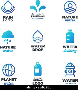 Trinksymbole und Wasservektorlogos. Öko-Ozean-Embleme. Aqua Drink Emblem, Wasserfrische Logo-Illustration. Trinksymbole und Wasservektorlogos. Öko-Ozean-Embleme Stock Vektor