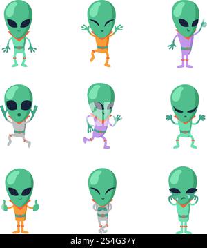 Lustige Aliens-Comic-Vektor-grüne humanoide Charaktere. Humanoider und außerirdischer Charakter, monsterfreundliche marsfigur. Lustige Aliens-Comic-Vektor-grüne humanoide Charaktere Stock Vektor