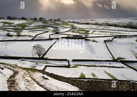 Die schneebedeckte Landschaft oberhalb des Dorfes Feizor bei Settle, Yorkshire Dales National Park, Januar 2025. Stockfoto