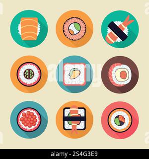 Sushi- und Rolls-Vektorsymbole. Flache Longshadow-Illustration auf hellem Hintergrund. Sushi- und Rolls-Vektorsymbole Stock Vektor