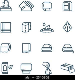 Textilhandtuch und nasse Papierserviette Linie Vektor öffentliche Sanitär Ikonen. Hygiene- und Sanitärhandtuch für Bad- oder Toilettenillustration. Textilhandtuch und nasse Papierserviette Linie Vektor öffentliche Sanitär Ikonen Stock Vektor