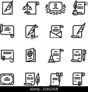 Genehmigungsdokumente, Zertifikat und Reisepass, Lizenz mit einfachen Strichsymbolen. Urkundenpapier und Diplom mit Stempelabbildung. Genehmigungsdokumente, Zertifikat und Reisepass, Lizenz mit einfachen Strichsymbolen Stock Vektor