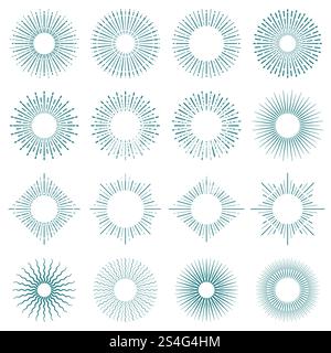 Vintage Hand gezeichnete Sonnenstrahlen Vektor-Set. Sonnenschein mit strahlenden Linien im Retro-Stil. Illustration des radialen Sonnenscheinkreisemblems. Vintage Hand gezeichnete Sonnenstrahlen Vektor-Set. Sonnenschein mit strahlenden Linien im Retro-Stil Stock Vektor