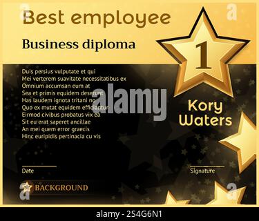 Vektorvorlage für beste monatliche Auszeichnung von Geschäftsabschlüssen für Mitarbeiter. Bestes Mitarbeiterzertifikat, Ehrenbanner mit goldenem Sternbild. Vektorvorlage für beste monatliche Auszeichnung von Geschäftsabschlüssen für Mitarbeiter Stock Vektor