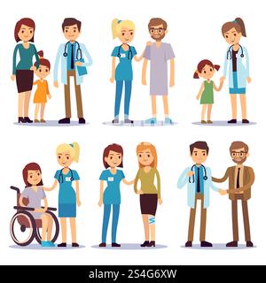 Medizinisches Personal mit Patienten. Krankenschwestern und Ärzte mit kranken Vektor-Zeichentrickfiguren Set. Illustration von Arzt und Patient Cartoon, Krankenschwester und Menschen. Medizinisches Personal mit Patienten. Krankenschwestern und Ärzte mit kranken Vektor-Zeichentrickfiguren Set Stock Vektor