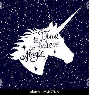 Inspirierende Einhorn-Silhouette Kopf auf fallendem Schnee Hintergrund. Vektor-Einhornmagische Kopf-Silhouette, Traumphantasie und inspirierende Schriftzüge Illustration. Inspirierende Einhorn-Silhouette Kopf auf fallendem Schnee Hintergrund Stock Vektor