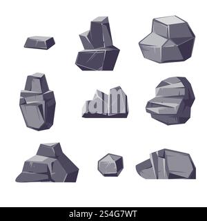 Set aus verschiedenen Felsblöcken im Cartoon-Stil isoliert auf weißem Hintergrund. Geologie Naturstein, Natur massiver Block Granit, Vektor-Illustration. Set aus verschiedenen Felsblöcken im Cartoon-Stil isoliert auf weißem Hintergrund Stock Vektor