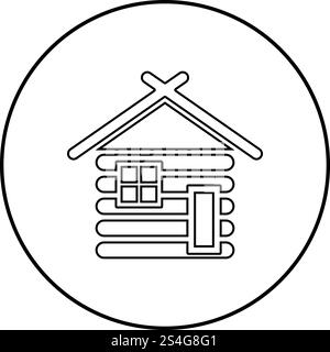 Holzhaus Scheune mit Holz modulare Blockhütten Holzhütten modulare Häuser Icon Umrandung schwarzer Farbvektor in Kreis Runde Illustration flache Stil einfaches Bild Stock Vektor