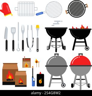 Flache Illustrationen für grillparty. Verschiedene Grillgeräte. Fleisch, Grillen, Messer. Set von Grillgeräten Grill und Gabelvektor. Flache Illustrationen für grillparty. Verschiedene Grillgeräte. Fleisch, Grillen, Messer Stock Vektor