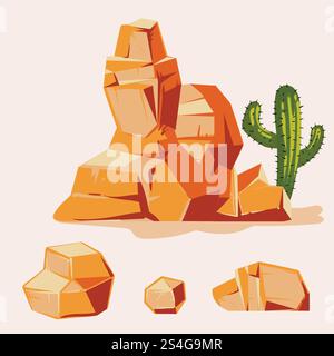 Eine Reihe von Wüstenfelsen. Zeichentrick isometrischer 3D-Stil. Satz verschiedener Felsbrocken. Vektorabbildung. Eine Reihe von Wüstenfelsen. Zeichentrick isometrischer 3D-Stil. Satz verschiedener Felsbrocken Stock Vektor