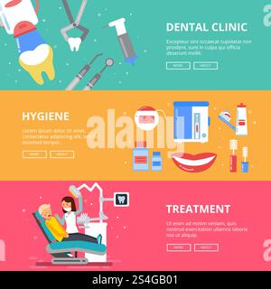 Drei horizontale Banner des Medizinkonzepts. Zahnärztliche Bilder von Bohrzähnen. Medizinisches Zubehör des Zahnarztes. Behandlung zahnärztlich, Hygiene Zahnbanner Illustration. Drei horizontale Banner des Medizinkonzepts. Zahnärztliche Bilder von Bohrzähnen. Medizinisches Zubehör des Zahnarztes Stock Vektor