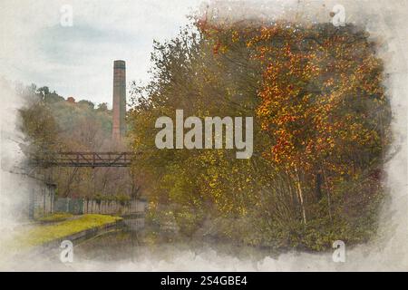 Ländliche digitale Aquarellmalerei des industriellen Erbes entlang des Caldon Canal Waterway in der Nähe von Froghall, Staffordshire, England, Großbritannien. Stockfoto