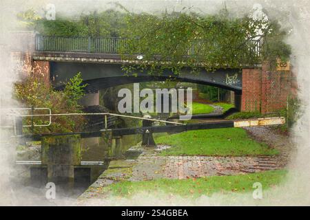Caldon Canal Waterway digitale Aquarellmalerei einer Schleuse an der Brücke 25 im Herbst in Stockton Brook, England, Großbritannien. Stockfoto