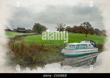 Digitale Aquarellmalerei von Booten, die entlang des Caldon-Kanals in der Nähe von Denford, England, Großbritannien, vertäut sind. Stockfoto