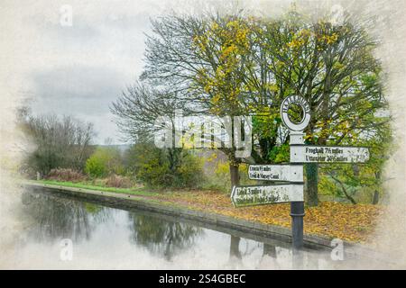 Digitale Aquarellmalerei von Wegweisern, die die Entfernung an der Kreuzung Hazlehurst am Caldon-Kanal anzeigen, Staffordshire, England, Großbritannien. Stockfoto