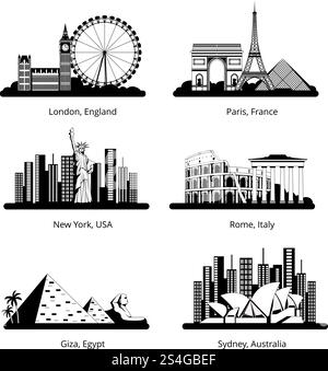 Vektor-Silhouette mit Panoramaaufnahmen berühmter Wahrzeichen. Schwarze Silhouette der berühmten Stadtbauillustration. Vektor-Silhouette mit Panoramaaufnahmen berühmter Wahrzeichen Stock Vektor