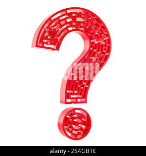 Fragezeichen mit Labyrinth-Labyrinth, 3D-Rendering isoliert auf weißem Hintergrund Stockfoto
