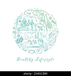 Active Sports Things Doodle Icons Set - gesundes Lifestyle rund Konzept. Vektorabbildung. Aktive Sport Dinge Vektor-Symbole Set - gesunde Runde Stock Vektor
