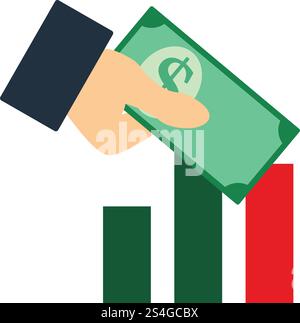 Investitionen Symbol. Hände mit Geld in der Börse Chart. Flache Farbgestaltung. Start der Serie. Vector Illustration. Stock Vektor