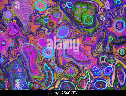 Psychedelische Abstraktion mit rosa Neonfarben und geometrischen Mustern. Die Dabbing-Technik in der Nähe der Kanten sorgt aufgrund der veränderten s für einen weichen Fokus Stockfoto