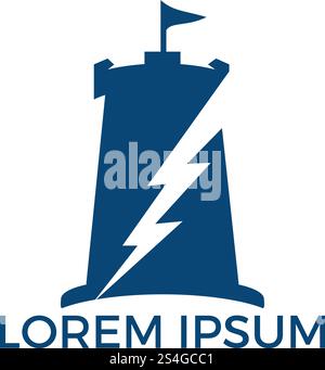 Design-Konzept für Fort und Thunderbolt-Logo. Design-Vorlage für Schloss- und Donner-Vektor-Symbole. Stock Vektor