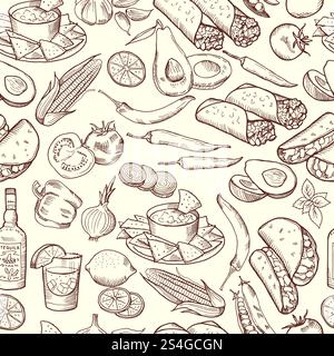 Nahtloses Muster mit traditionellem mexikanischem Essen. Vektorbildsatz. Illustration eines mexikanischen Essensmusters, Paprika-Chili und Tequila-Hintergrund. Nahtloses Muster mit traditionellem mexikanischem Essen. Vektorbildsatz Stock Vektor