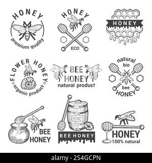 Einfarbige Etiketten mit Honig, Bienen und Waben. Honig Bio-Etikett und Icon, gesunde süße Lebensmittel. Vektorabbildung. Einfarbige Etiketten mit Honig, Bienen und Waben Stock Vektor