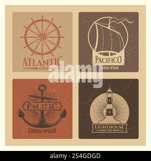 Vintage-nautische Etiketten mit Leuchtturm, Meeresboot und Ankern. Alte grunge Navy Banner. Vektorabbildung. Vintage-nautische Etiketten mit Leuchtturm, Meeresboot und Ankern Stock Vektor