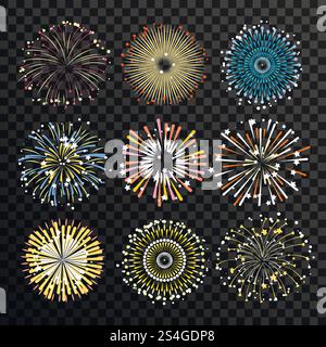 Sternenbruchisolierung auf transparentem Hintergrund. Großes Feuerwerk Vektorset. Explosionslicht für die Illustration von Festivalveranstaltungen. Sternenbruchisolierung auf transparentem Hintergrund. Großes Feuerwerk Vektorset Stock Vektor