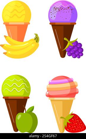 Vier Obsteis. Erdbeere, Apfel, brombeere und Banane. Vektorabbildung. Vier Obsteis. Erdbeere, Apfel, brombeere und Banane Stock Vektor