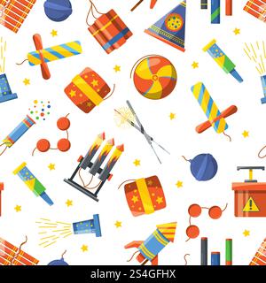 Nahtloses Muster mit pyrotechnischen Werkzeugen, Vektormuster Feuerwerkskörper und Skyrocket, Bombe und Dynamit Illustration. Nahtloses Muster mit pyrotechnischen Werkzeugen Stock Vektor